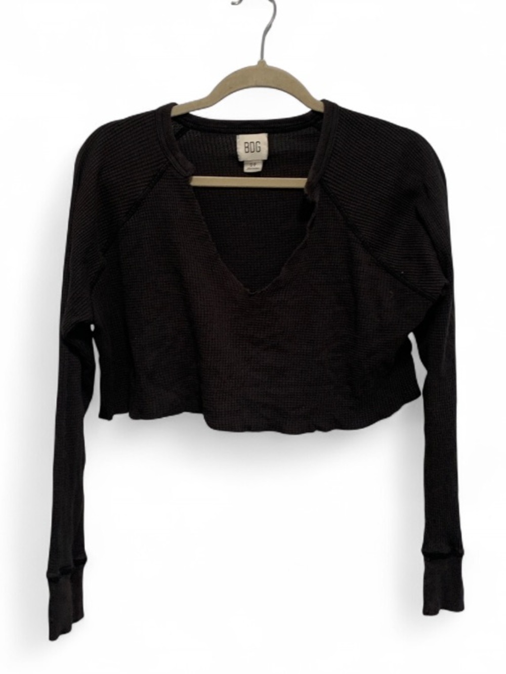 BDG Black Cropped Waffle Knit V-Neck Long Sleeve Top